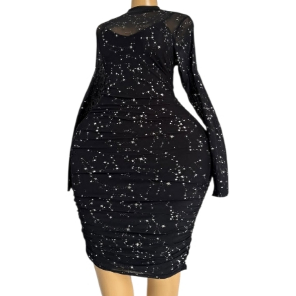 Elegant Black Starry Night Ruched Stretch Mesh Dress